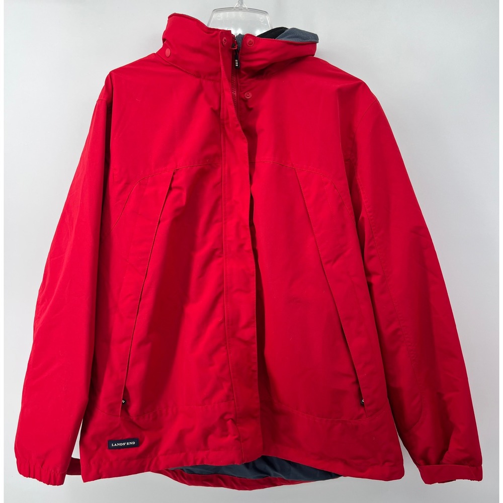 Lands End Womens Squall Jacket Red Fleece Lined Hooded Windproof Coat Size 18-20